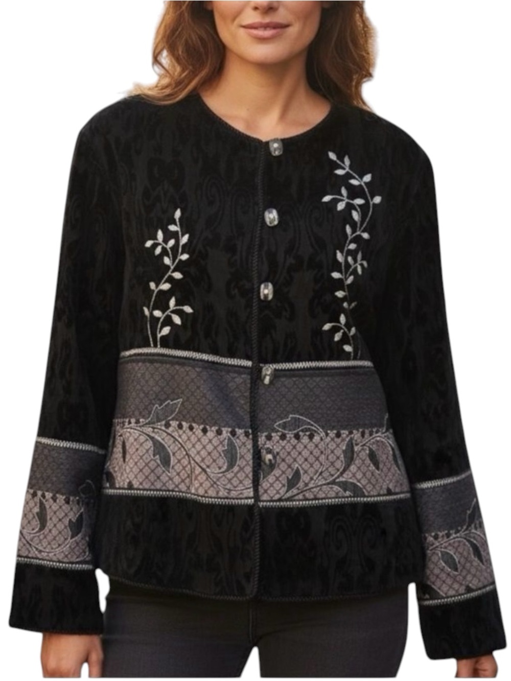 Vintage Allure Floral Embroidered Tapestry Jacket Coat Size L Grandma 80s